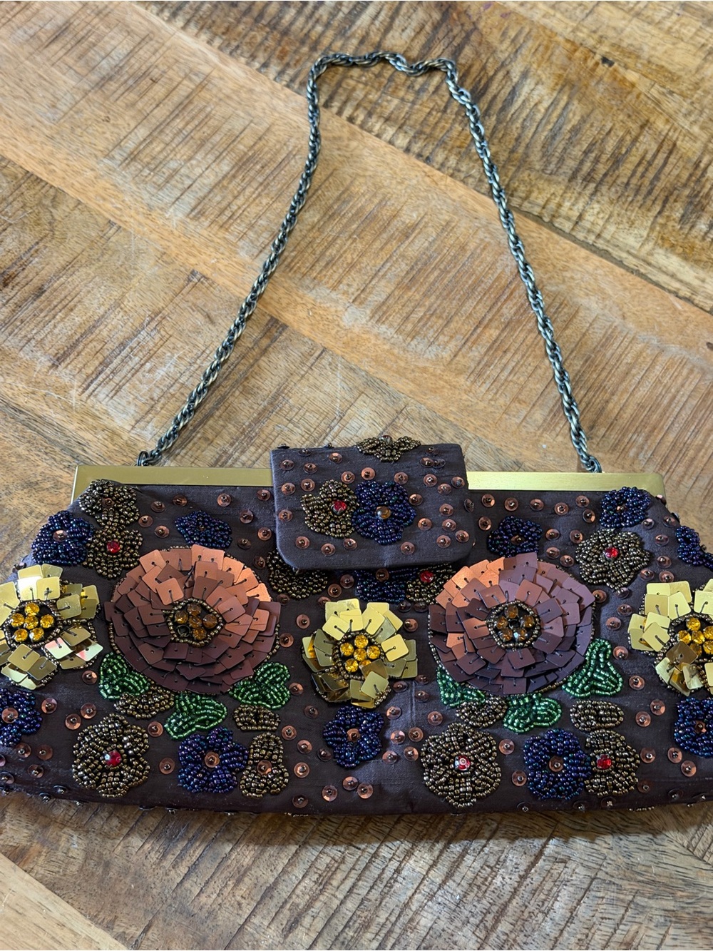 Talbots Floral Beaded Sequin Evening Bag with Chain Strap